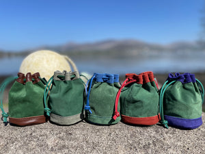 Limited edition Holden Drawstring Pouches - Green Suede Mix
