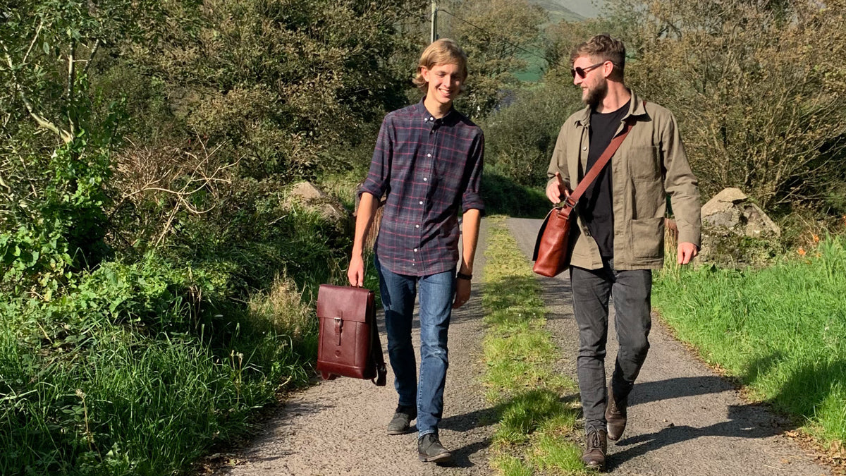 Leather collection for men, laptop backpacks, laptop messenger bags, leather belts and wallets. Made in Dingle, Ireland. Gifts for him. Visit the workshop on the Slea Head Drive.