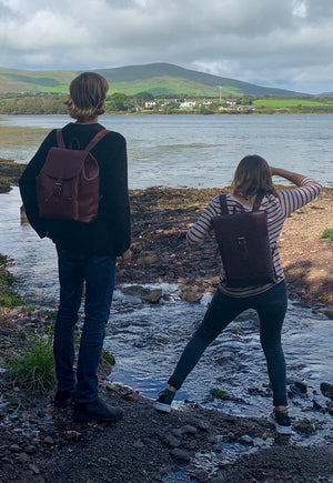 Chestnut  Leather Large Drawstring Duffel Backpack. Made in Ireland