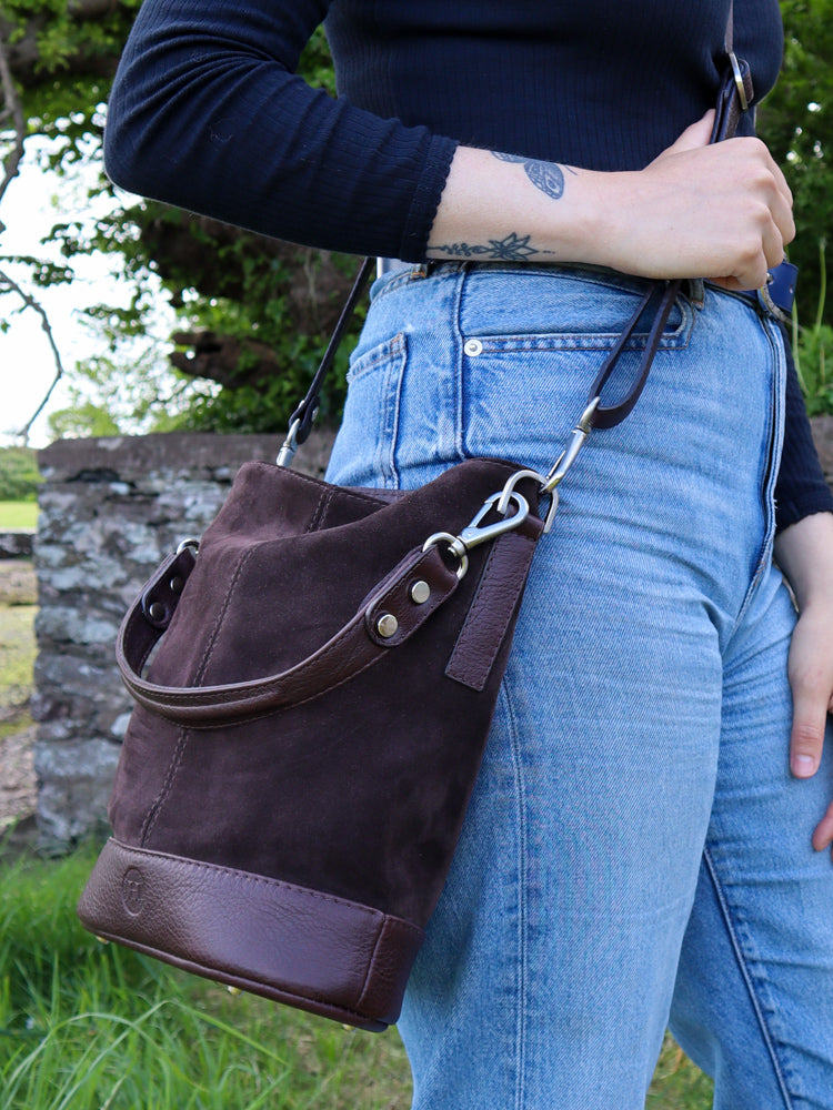 Dark Brown suede leather crossbody bag for women, made in Ireland.