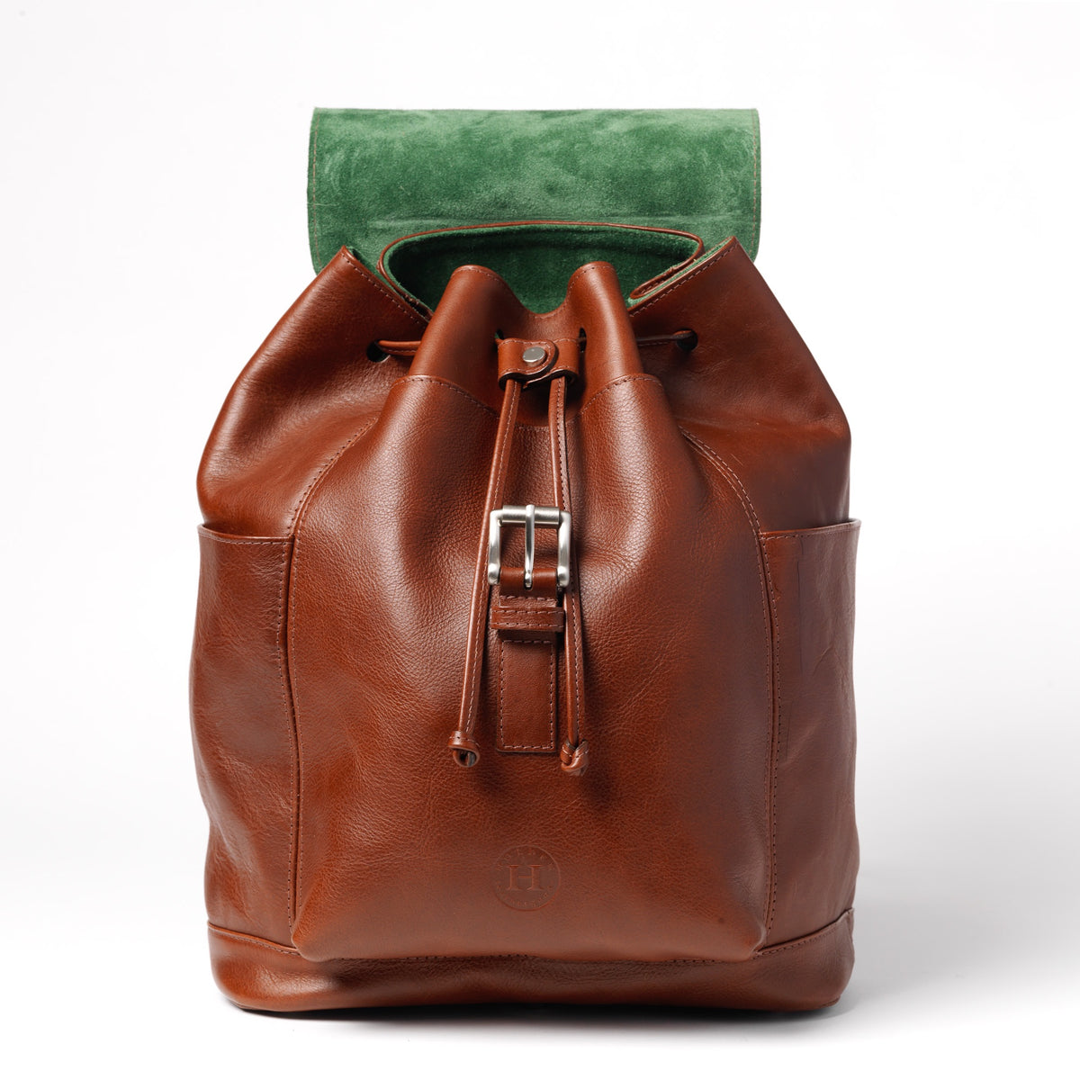 Chestnut  Leather Large Drawstring Duffel Backpack. Made in Ireland