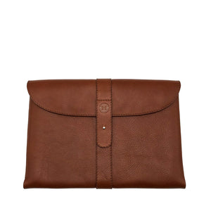 Chestnut leather MacBook Laptop case, closed view.