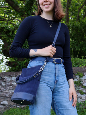 Navy suede leather crossbody bag for women, made in Ireland.