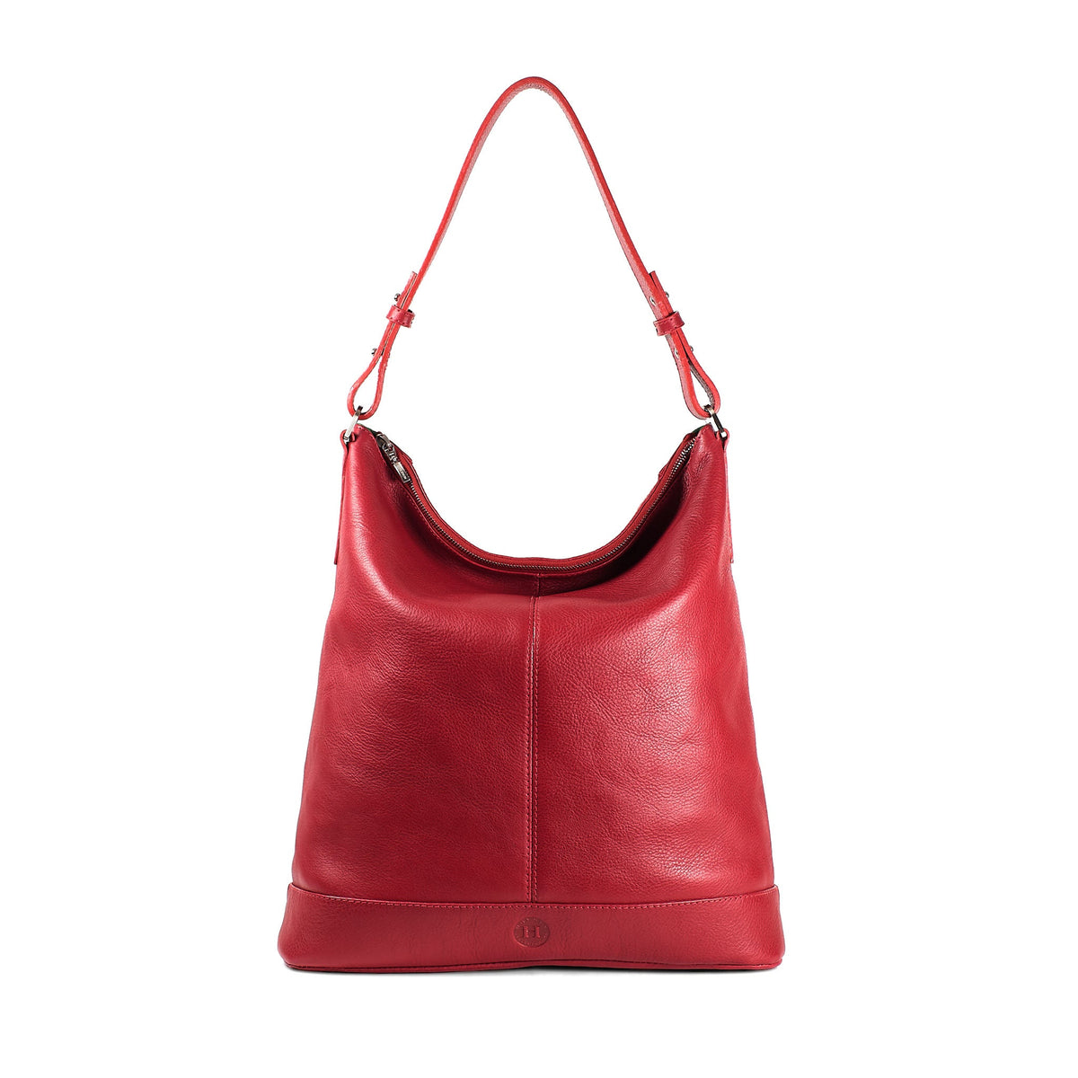 Front view large zip-top leather handbag , made in Ireland.