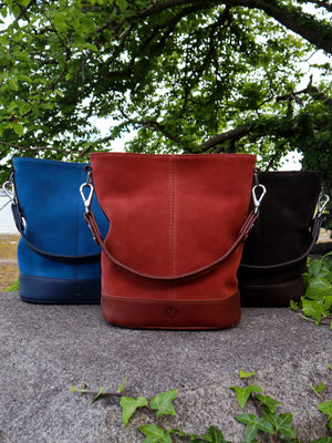 Blue, Rust and Dark Brown suede leather crossbody bag for women, made in Ireland.