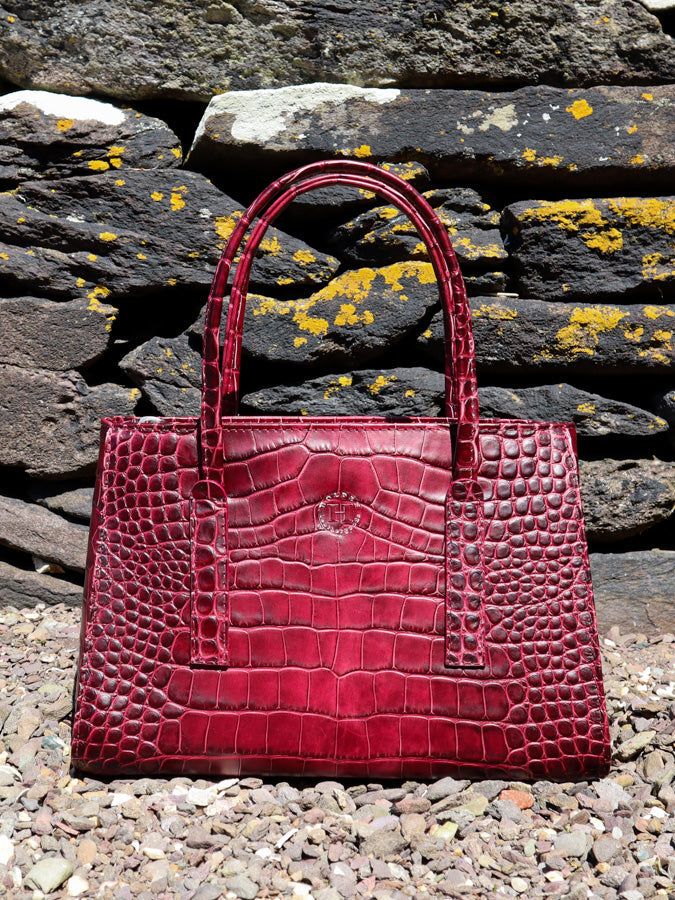 Burgundy Embossed Croc Italian Leather Tote Bag 
