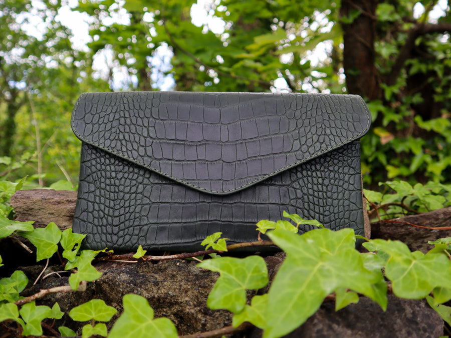 Limited edition leather clutch in dark green. Made in Dingle, Ireland on the Slea Head Drive