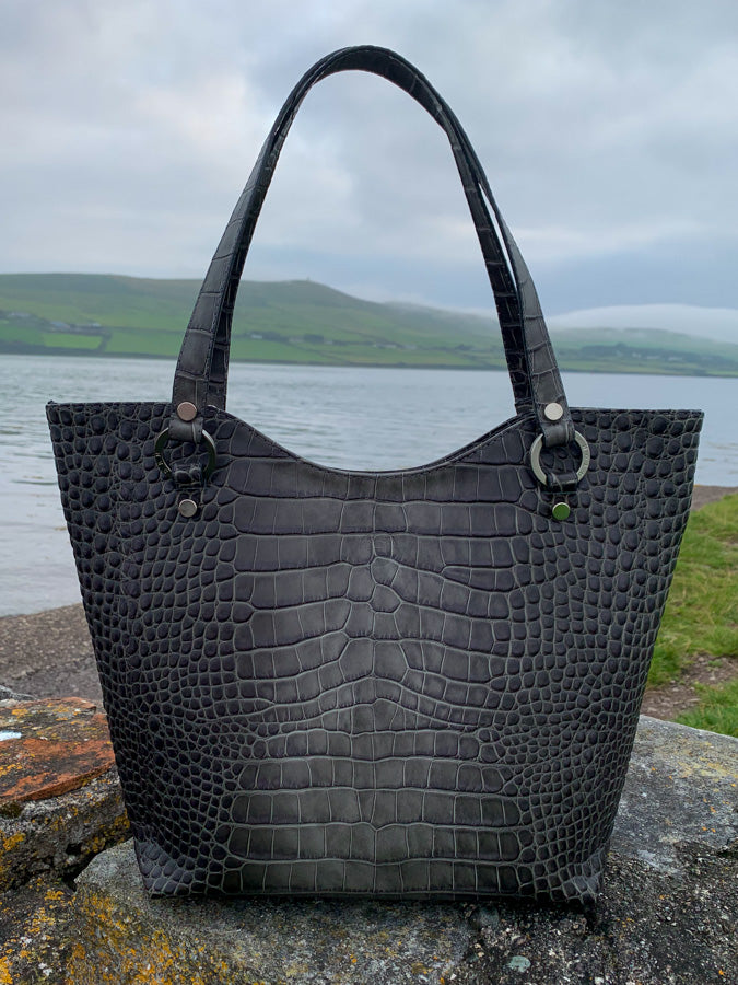 Limited edition grey leather tote handbag for women. Made in Ireland