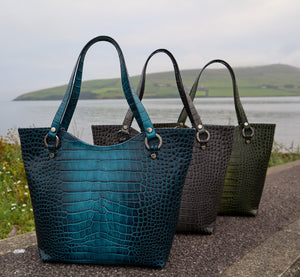 Limited edition green leather tote handbags for women in blue, grey and green. Made in Ireland